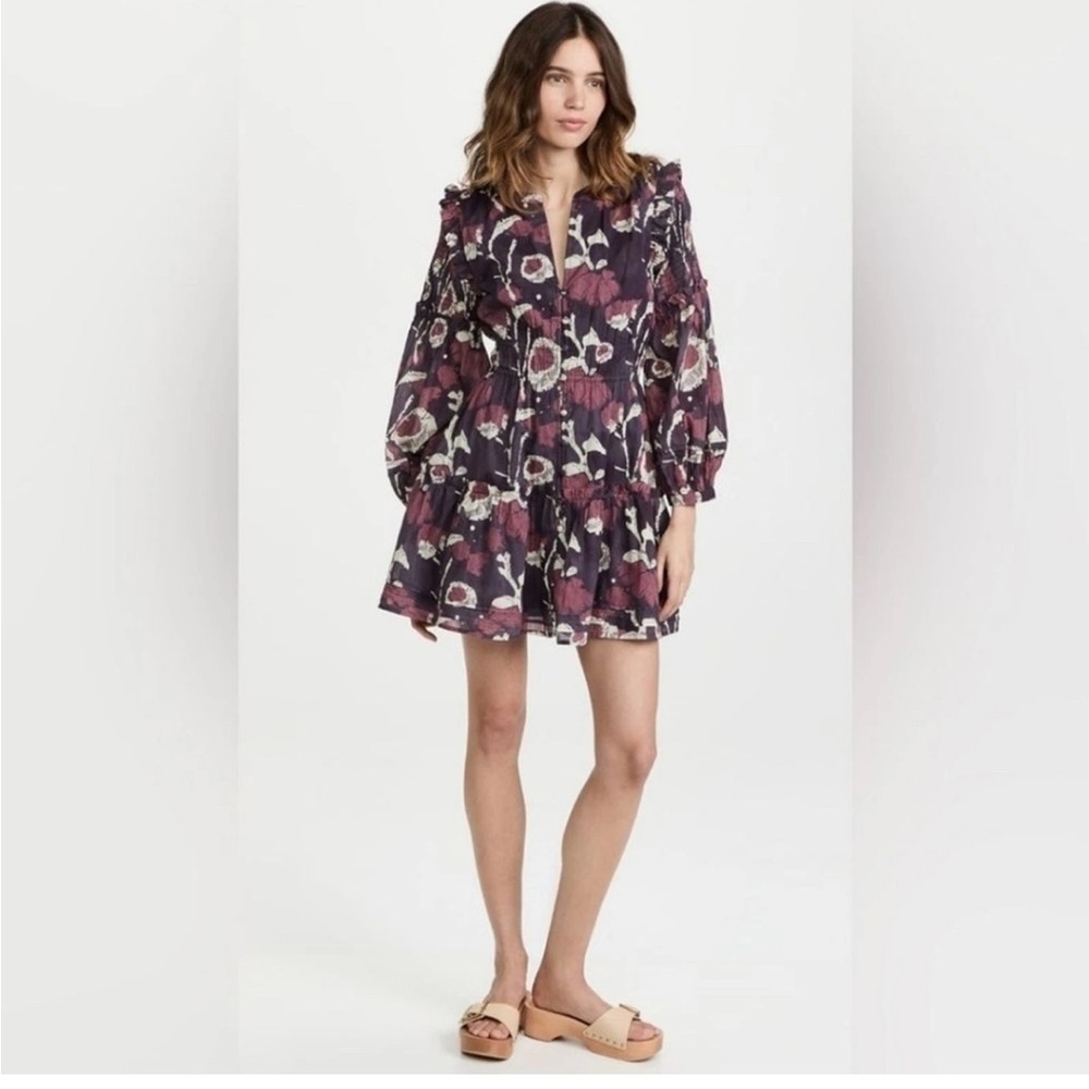 Cleobella Rainey Dress Floral Abstract Purple Pink Size Small Tiered Ruffles M